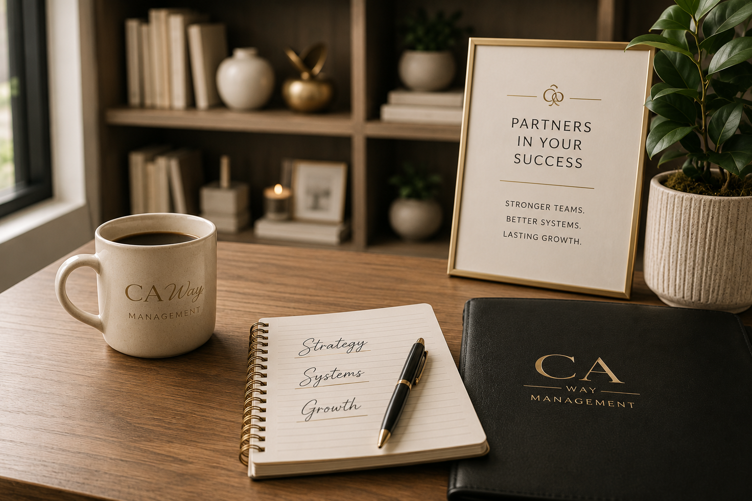 CA Way Management branded workspace with strategy notebook and coffee